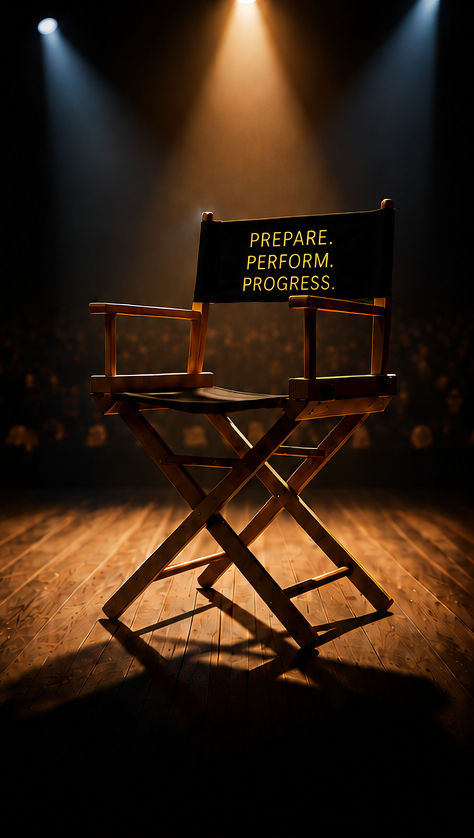 A spotlit director's chair on a wooden stage, with a placard on the chair back reading Prepare, Perform, Progress.